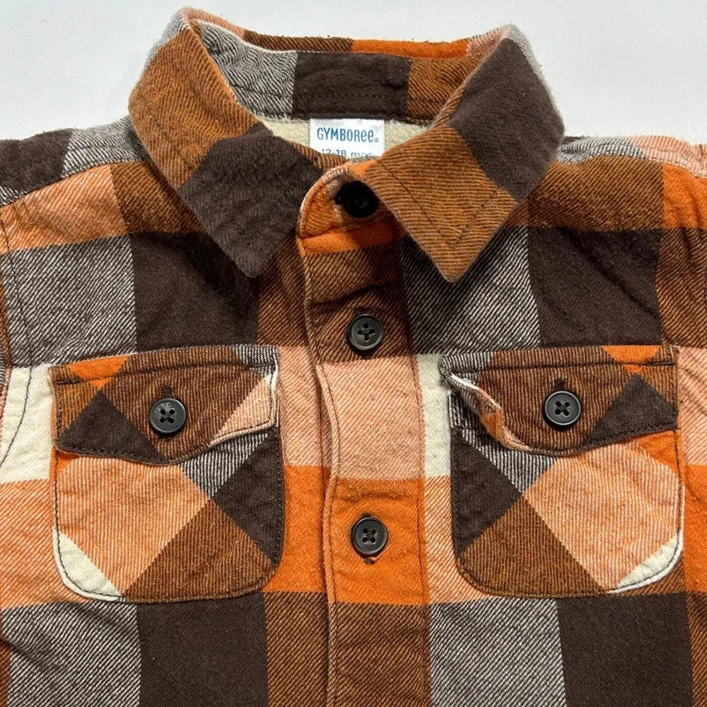 Gymboree Boys Plaid Flannel Shirt Orange Brown Cream Gray Size 12-18 Months